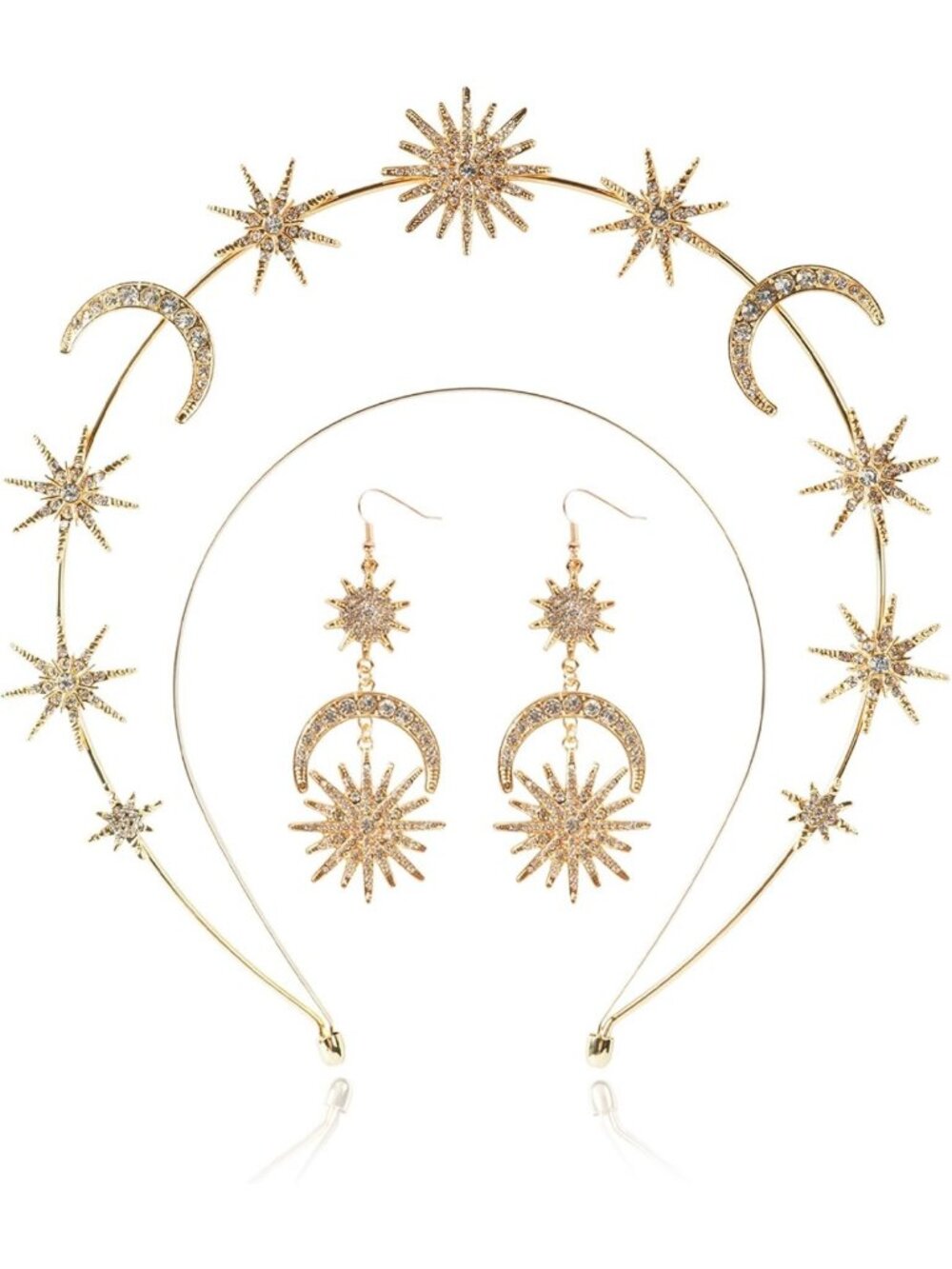 Celestial Crystal Halo Crown & Earrings Set - Gold Metal Headpiece for Weddings